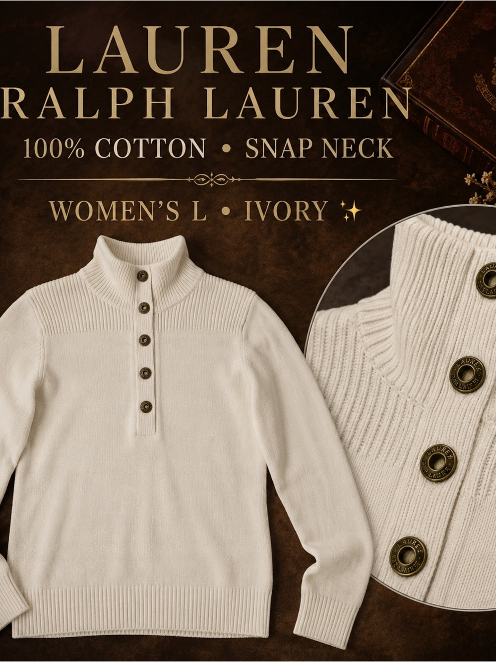 Lauren Ralph Lauren Ivory Snap-Front Cotton Zip-Up Sweater